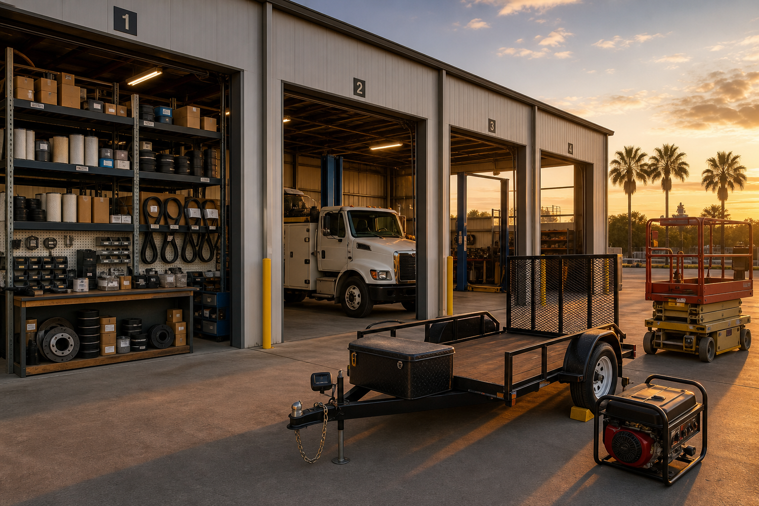 Fleet shop with open bays, parts shelving, a trailer, generator, and lift for facility, parts, and asset management