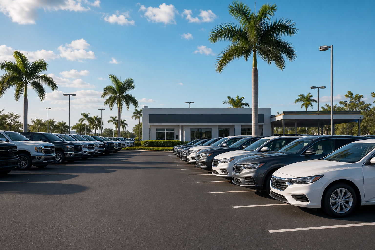 Rental and lease fleet lot with sedans, SUVs, and pickup trucks