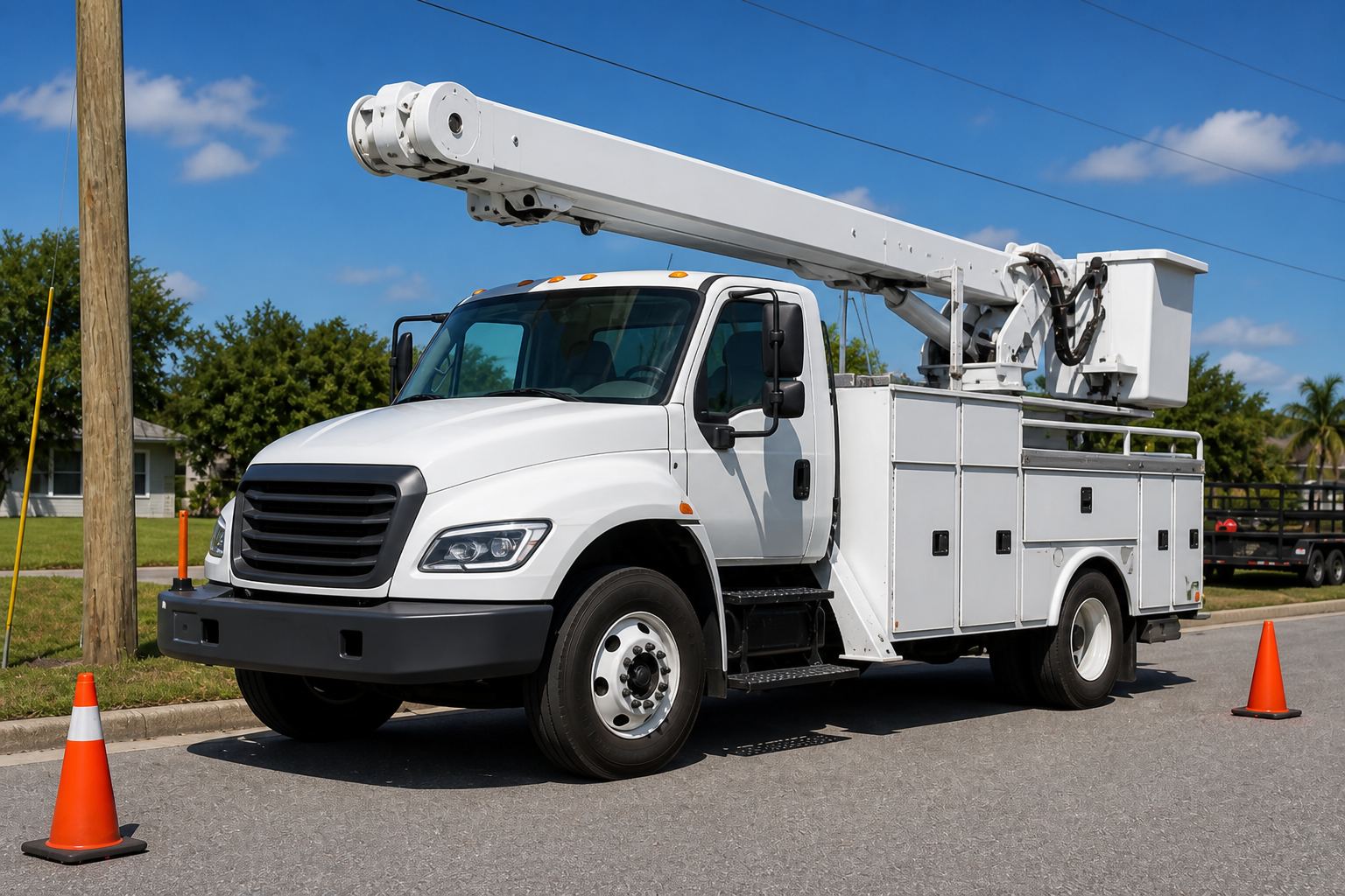 Current unmarked utility bucket truck in a suburban yard